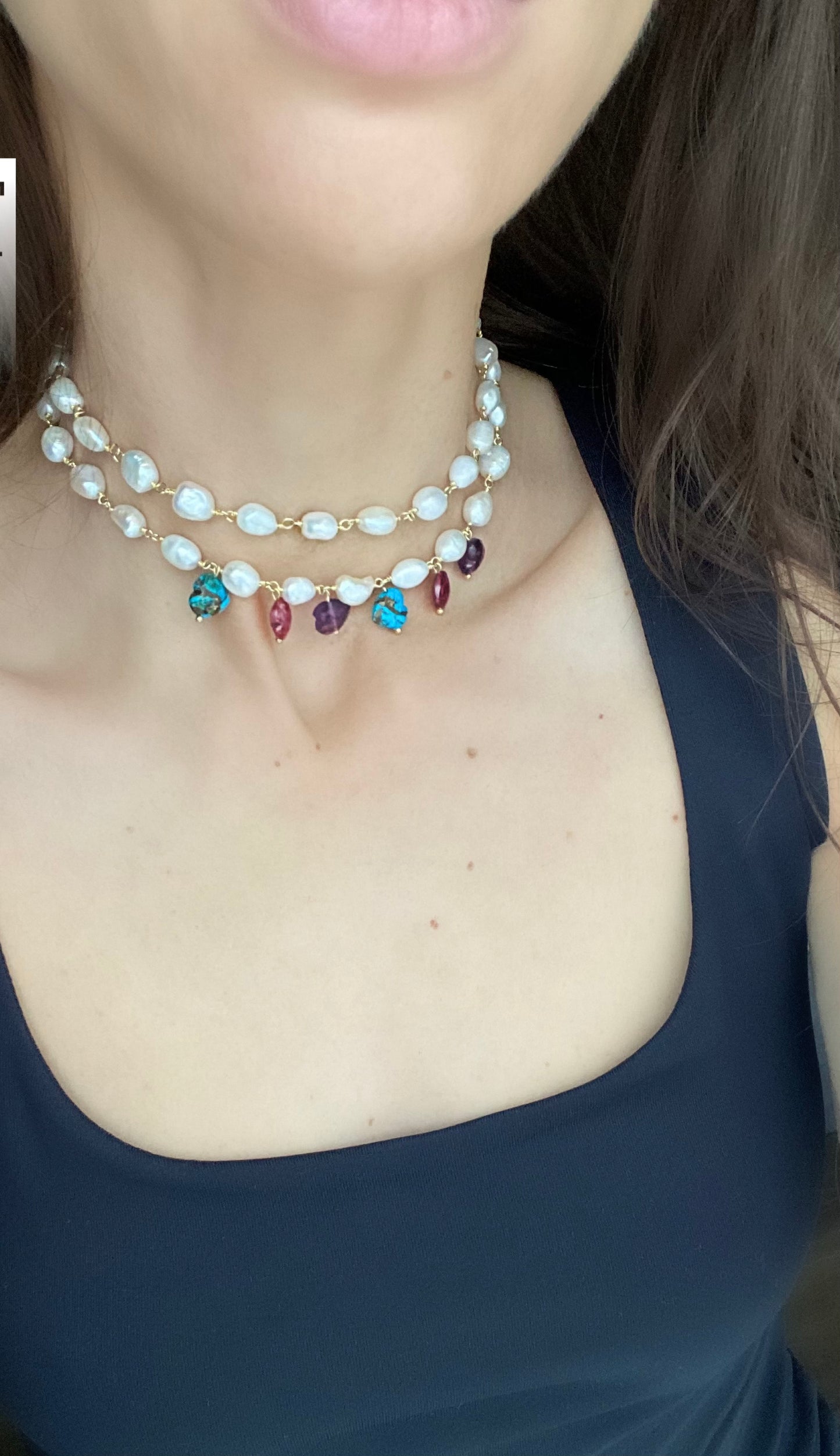 Perlenchocker Perlenkette Süsswasserperlen Herz Anhänger aus Natursteinen 2 Reihen Halskette