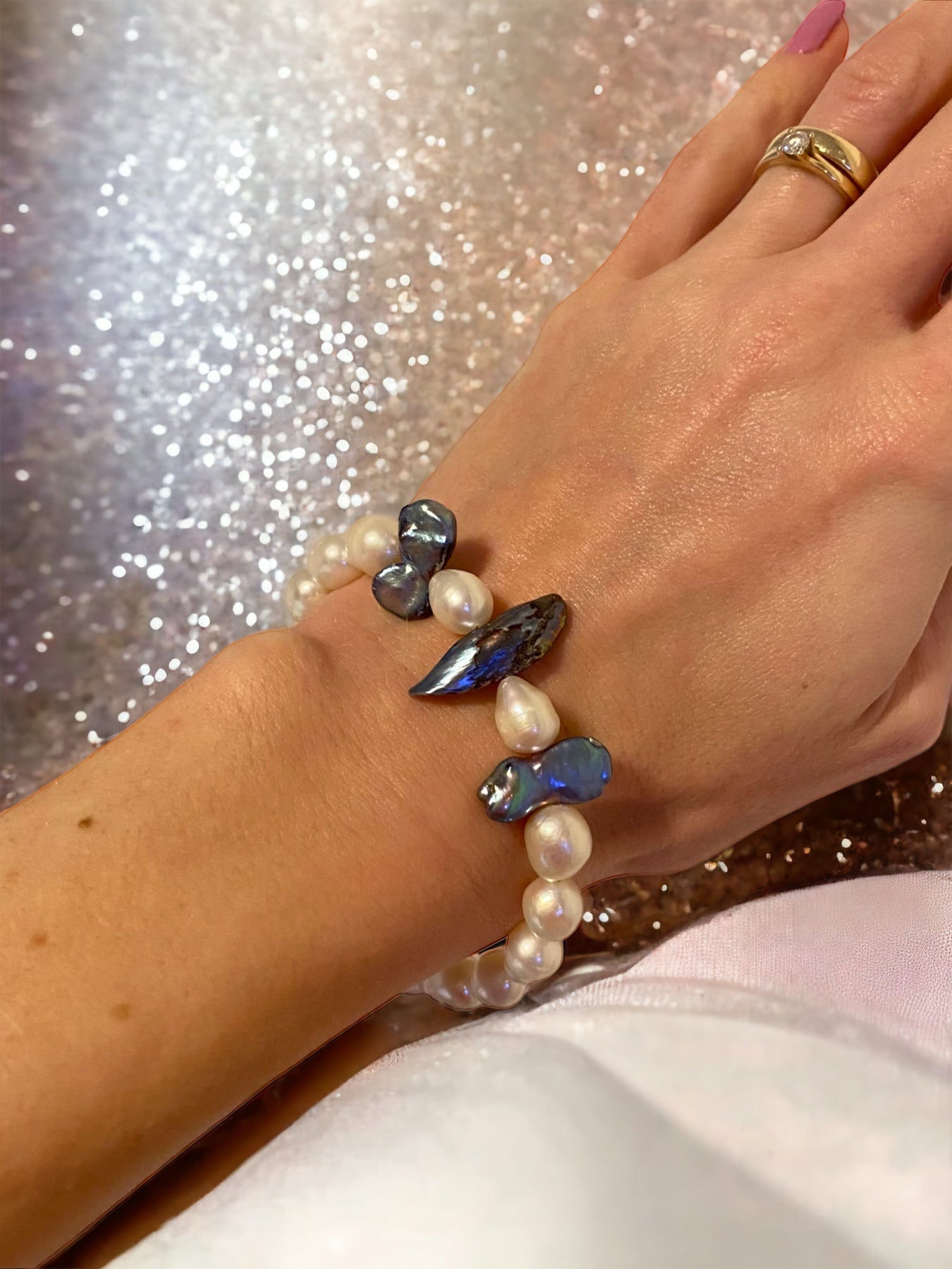 Schmuckset Halskette Perlenkette Perlenarmband weisse und blaue natürliche Süßwasserperlen