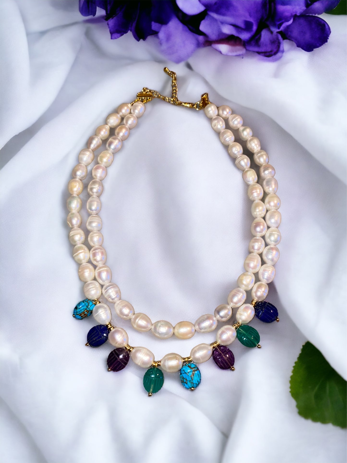 Grosses Perlencollier Natursteine Anhänger Perlenchocker Süsswasserperlen Halskette 2 Stränge