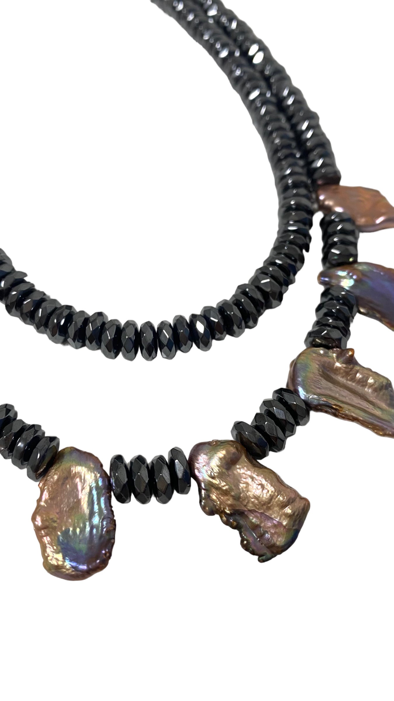 Massive Halskette 2 Reihen schwarze Hämatit Perlen und natürliche Süsswasserperlen in schwarz/blau/violett Schimmer